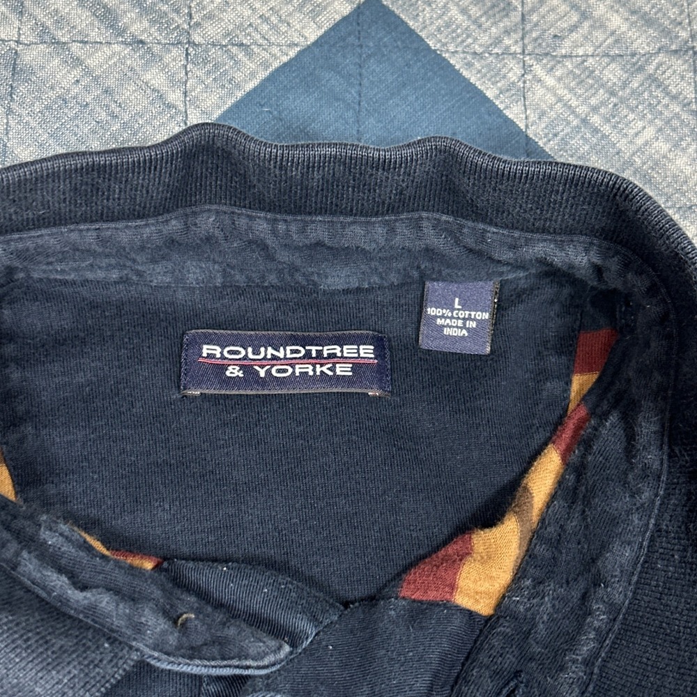 Roundtree & Yorke Mens Large Long Sleeve Striped Polo Shirt Navy Burgundy Cotton - Picture 3 of 5